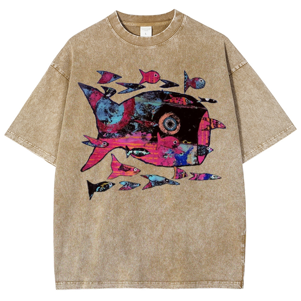Unisex Abstract Art Fish Printed Washed Tee