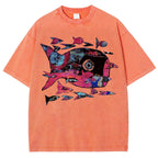 Unisex Abstract Art Fish Printed Washed Tee