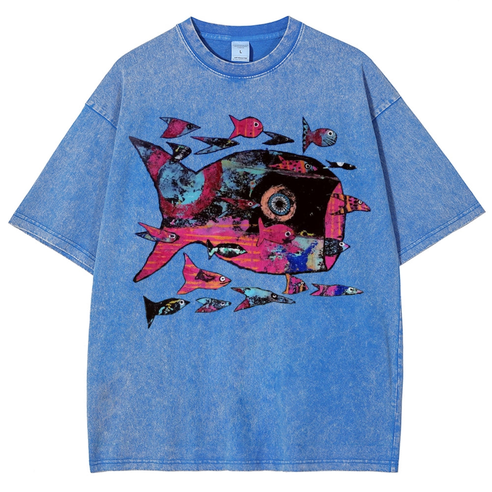 Unisex Abstract Art Fish Printed Washed Tee