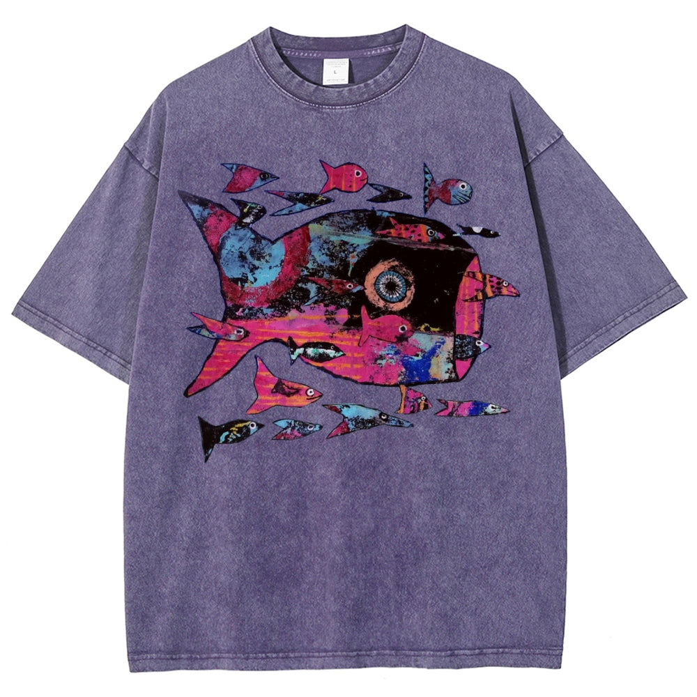 Unisex Abstract Art Fish Printed Washed Tee