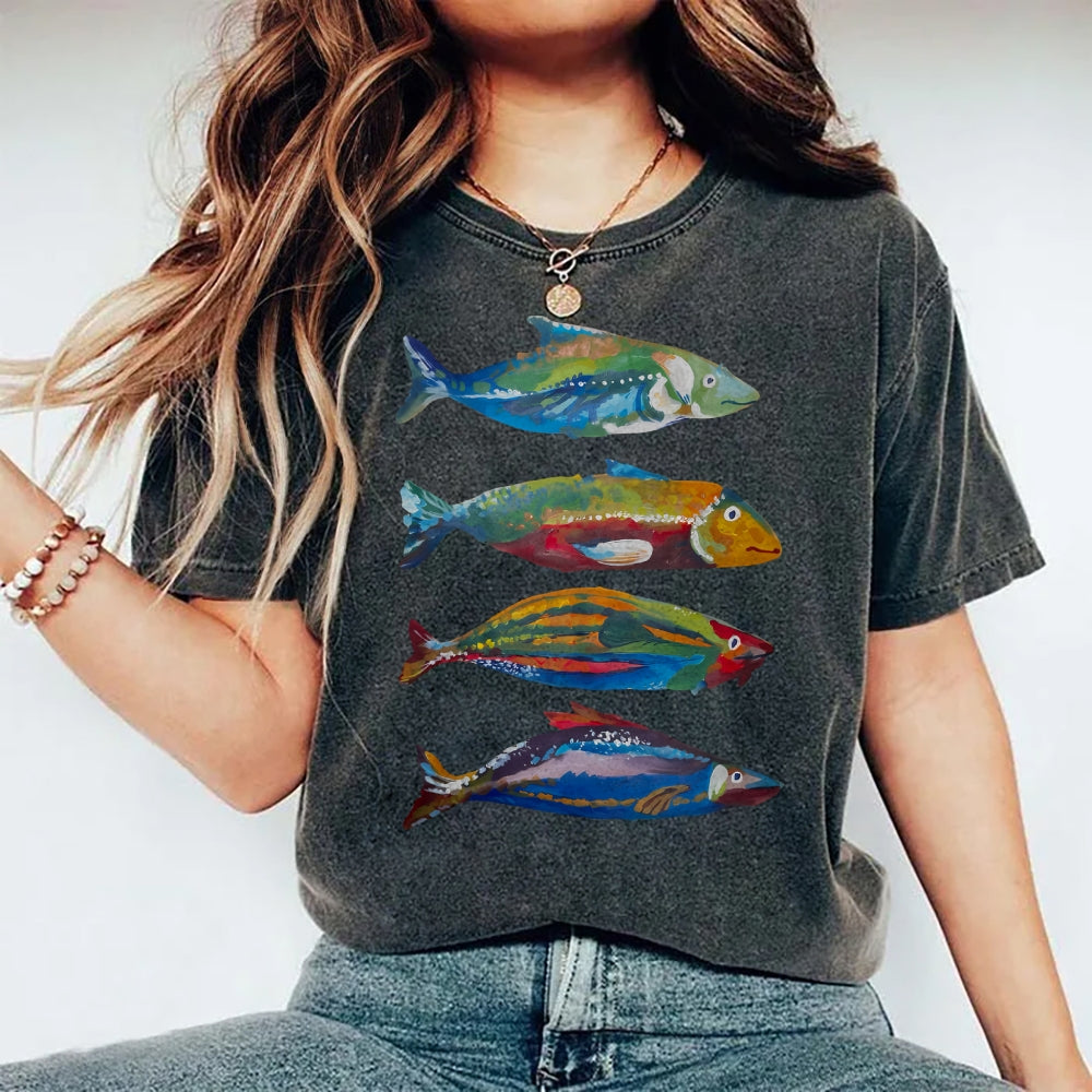 Unisex Colorful Fish Printed Washed Tee