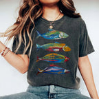 Unisex Colorful Fish Printed Washed Tee