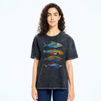 Unisex Colorful Fish Printed Washed Tee