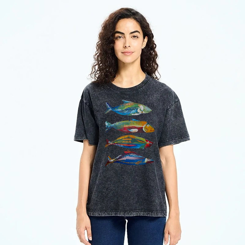 Unisex Colorful Fish Printed Washed Tee