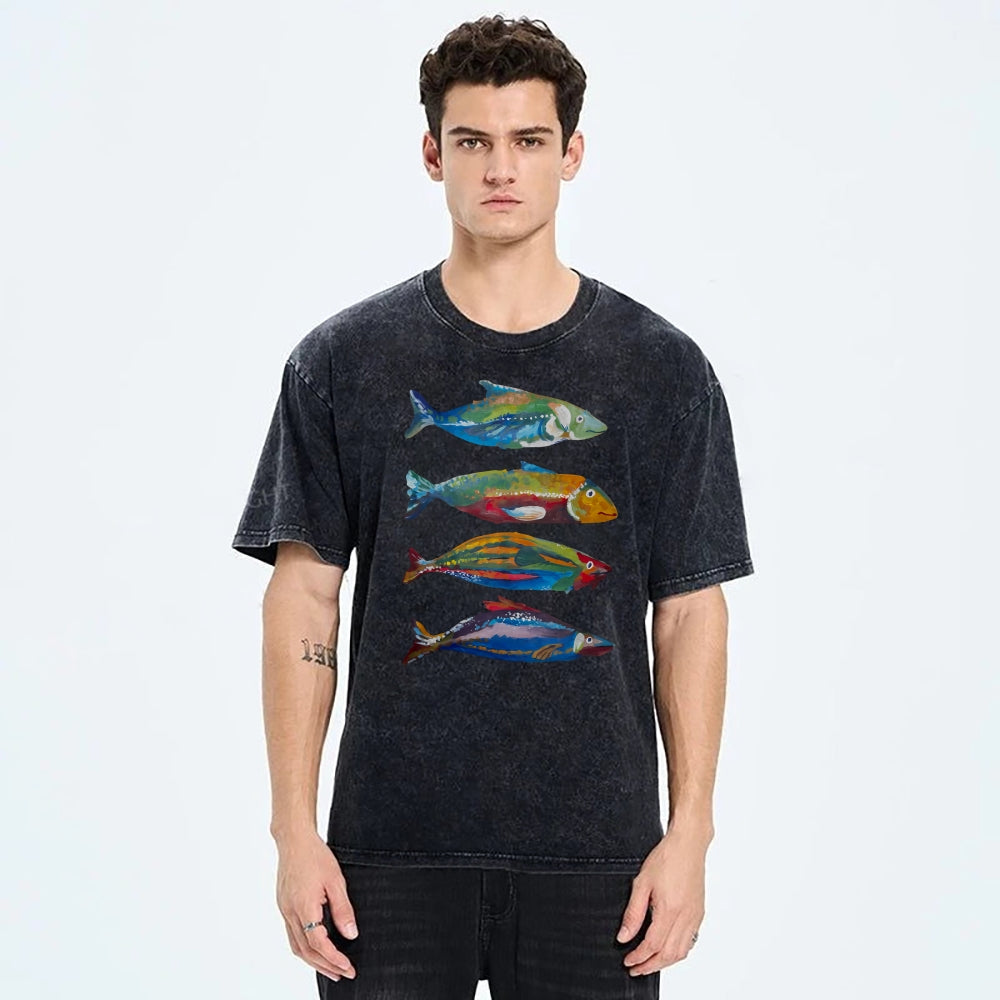 Unisex Colorful Fish Printed Washed Tee