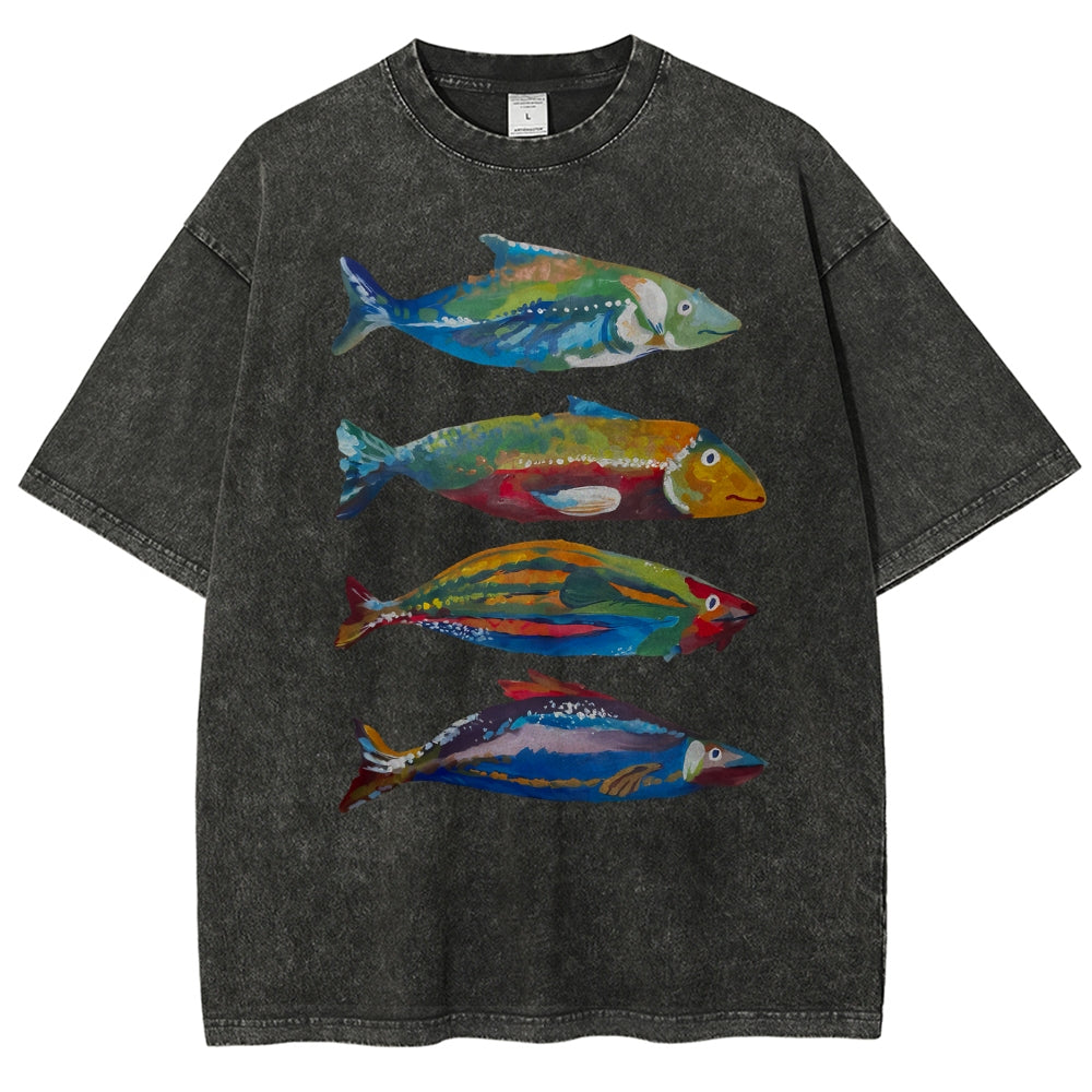 Unisex Colorful Fish Printed Washed Tee