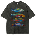 Unisex Colorful Fish Printed Washed Tee