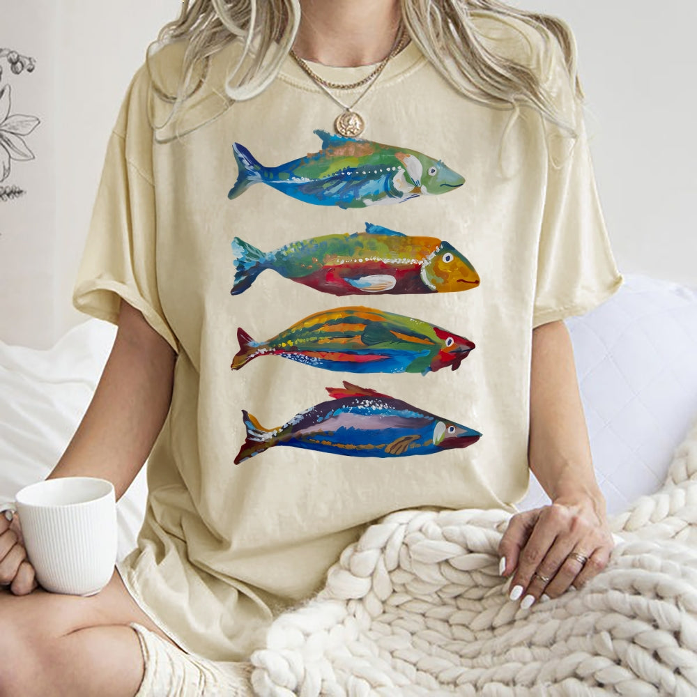 Unisex Colorful Fish Printed Washed Tee