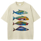Unisex Colorful Fish Printed Washed Tee