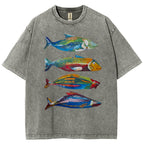 Unisex Colorful Fish Printed Washed Tee