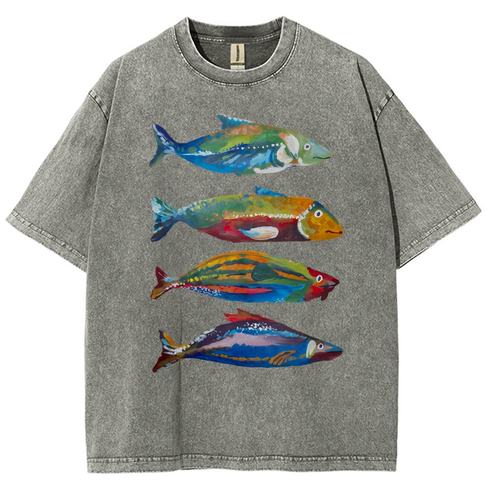 Unisex Colorful Fish Printed Washed Tee