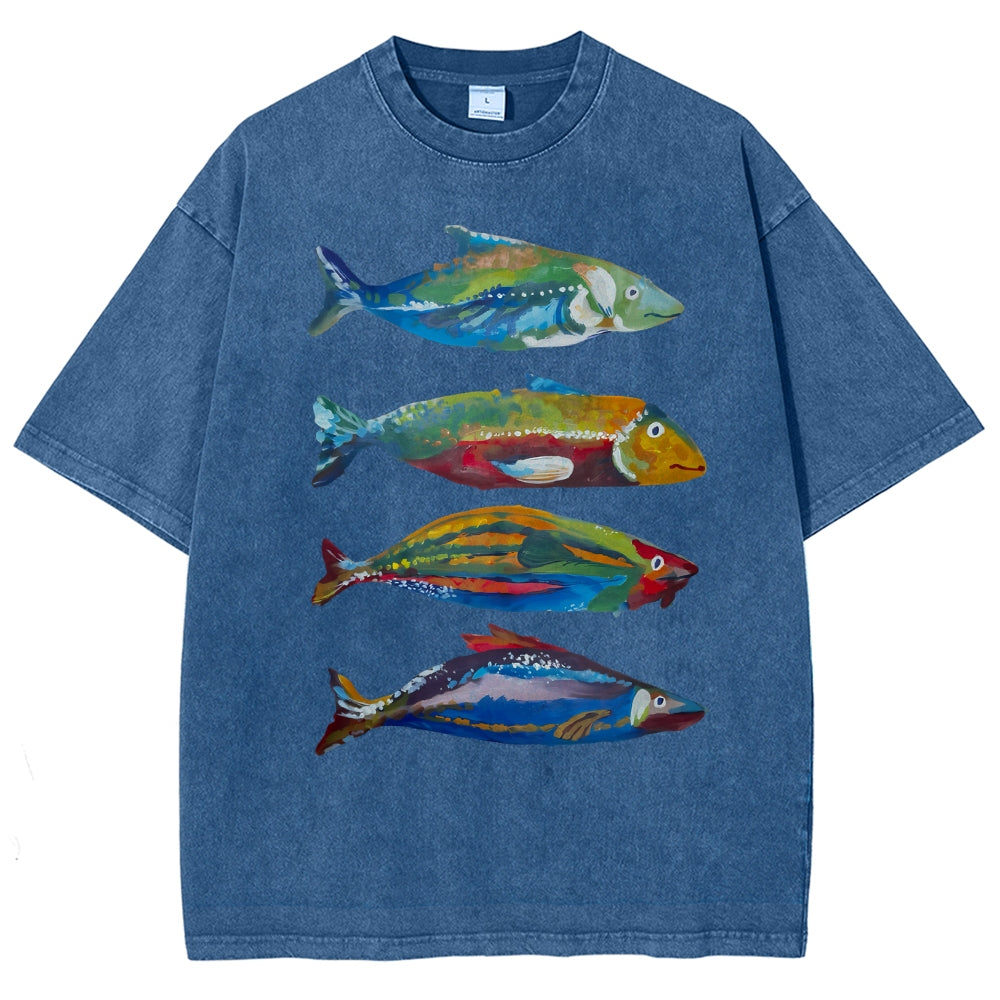 Unisex Colorful Fish Printed Washed Tee