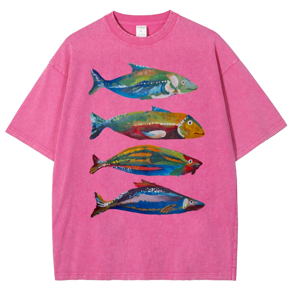 Unisex Colorful Fish Printed Washed Tee