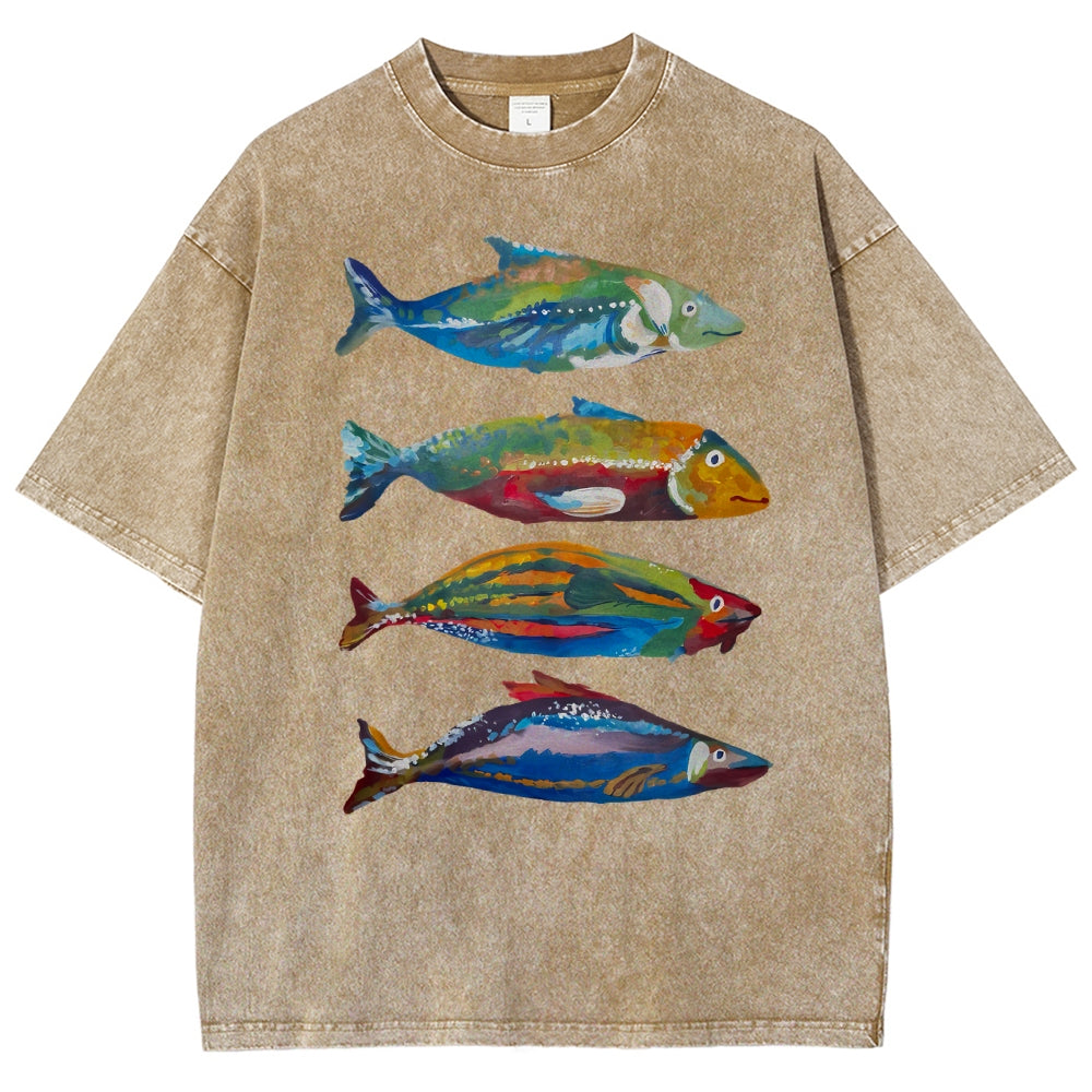 Unisex Colorful Fish Printed Washed Tee