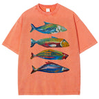 Unisex Colorful Fish Printed Washed Tee