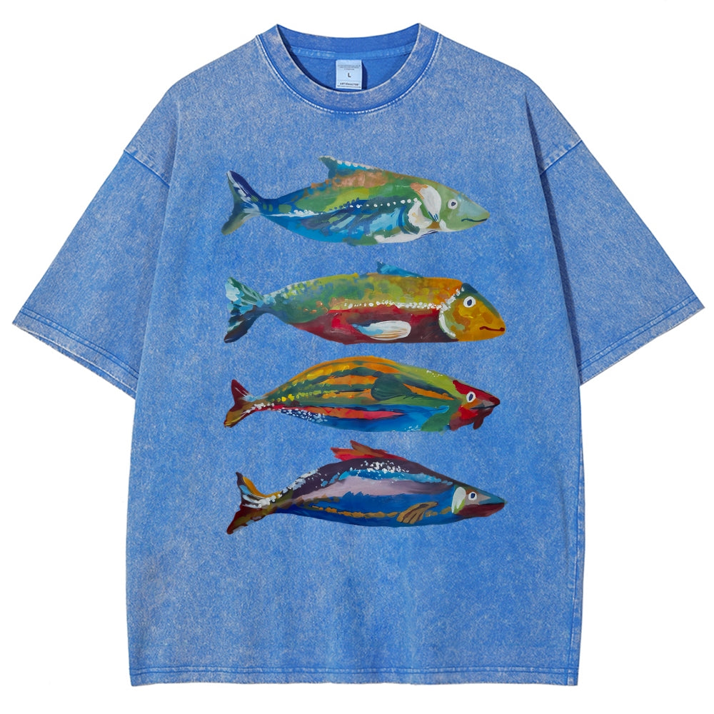 Unisex Colorful Fish Printed Washed Tee