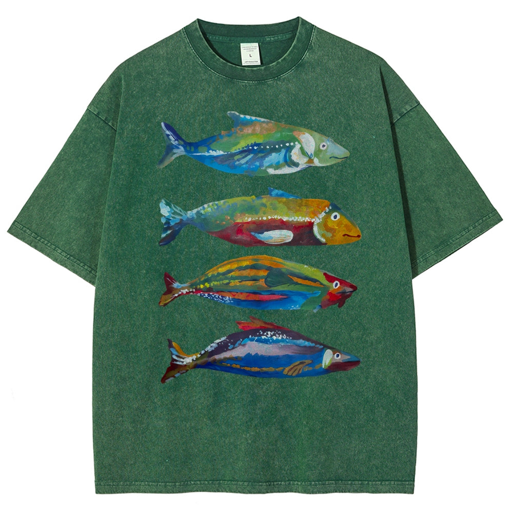 Unisex Colorful Fish Printed Washed Tee