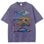 Unisex Colorful Fish Printed Washed Tee