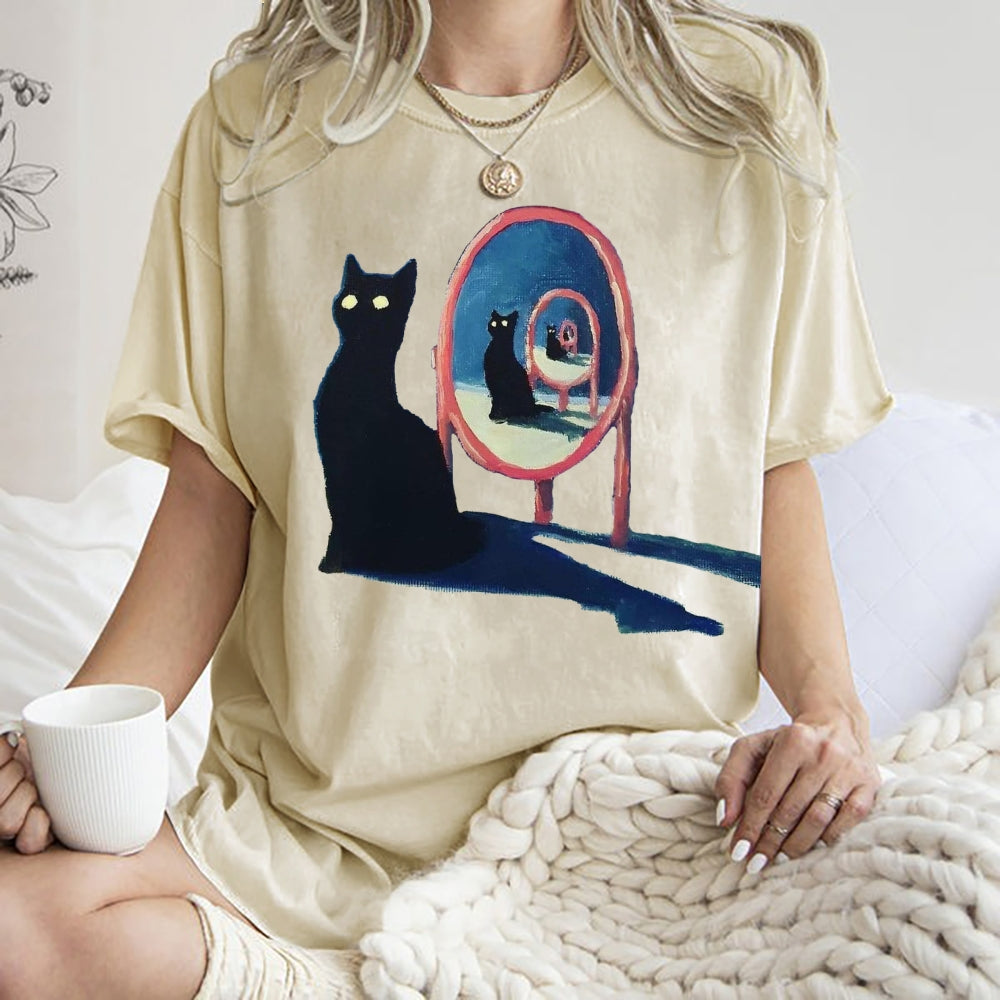Unisex Mirror Black Cat Printed Washed Tee