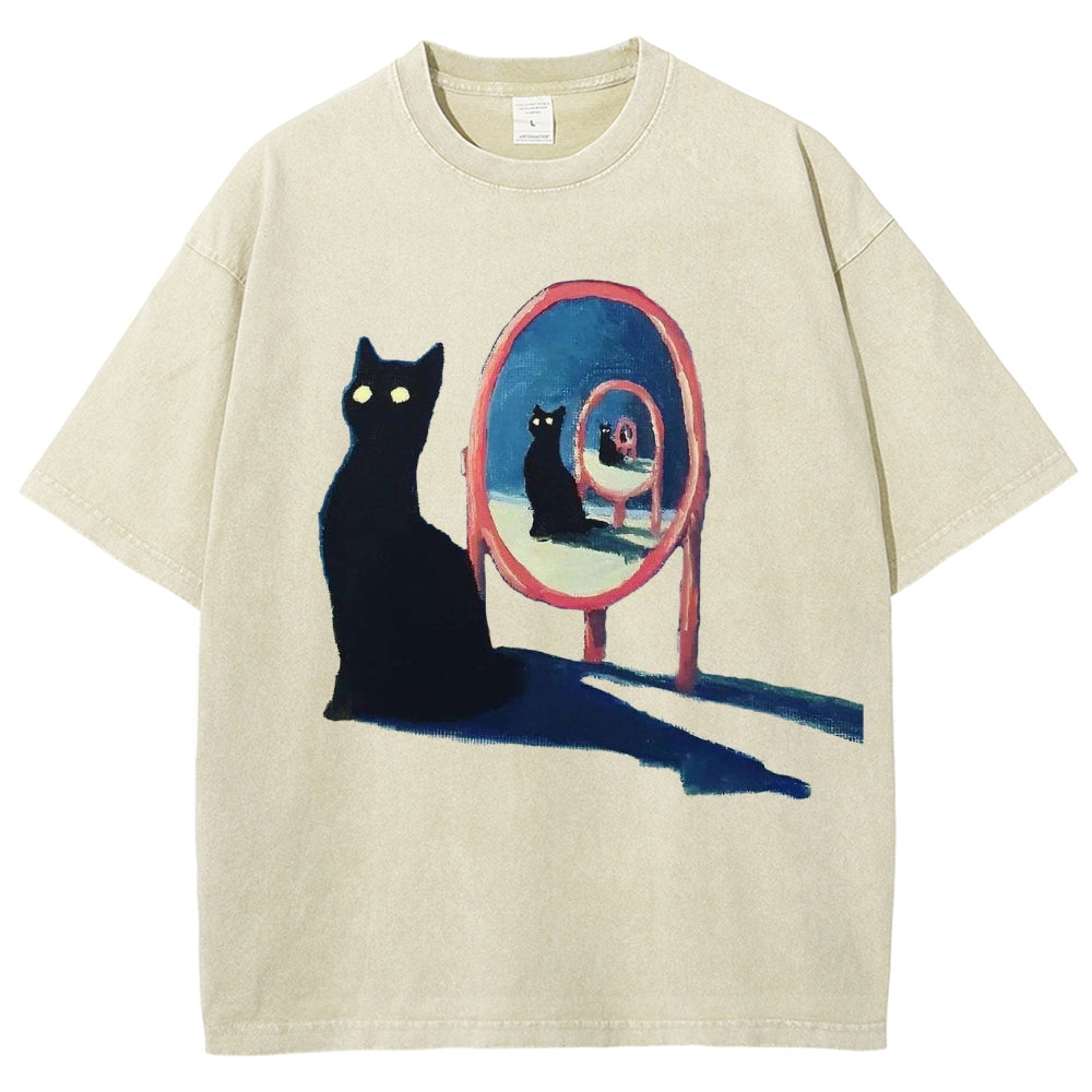 Unisex Mirror Black Cat Printed Washed Tee