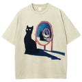 Unisex Mirror Black Cat Printed Washed Tee