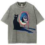 Unisex Mirror Black Cat Printed Washed Tee