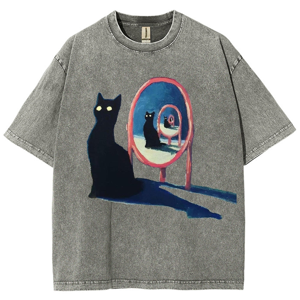 Unisex Mirror Black Cat Printed Washed Tee