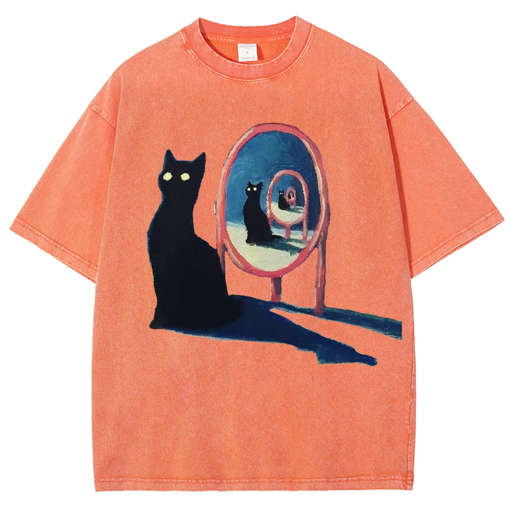 Unisex Mirror Black Cat Printed Washed Tee