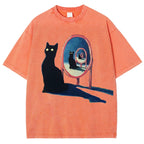 Unisex Mirror Black Cat Printed Washed Tee