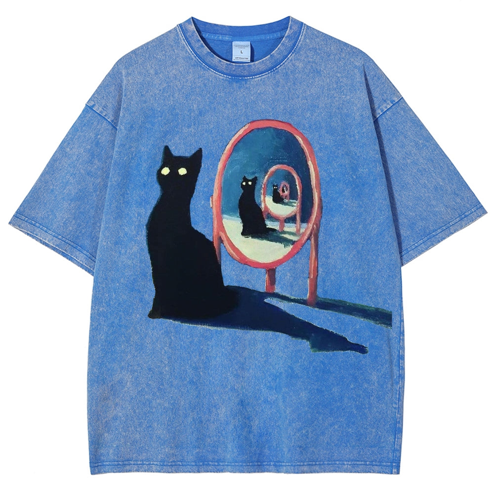 Unisex Mirror Black Cat Printed Washed Tee
