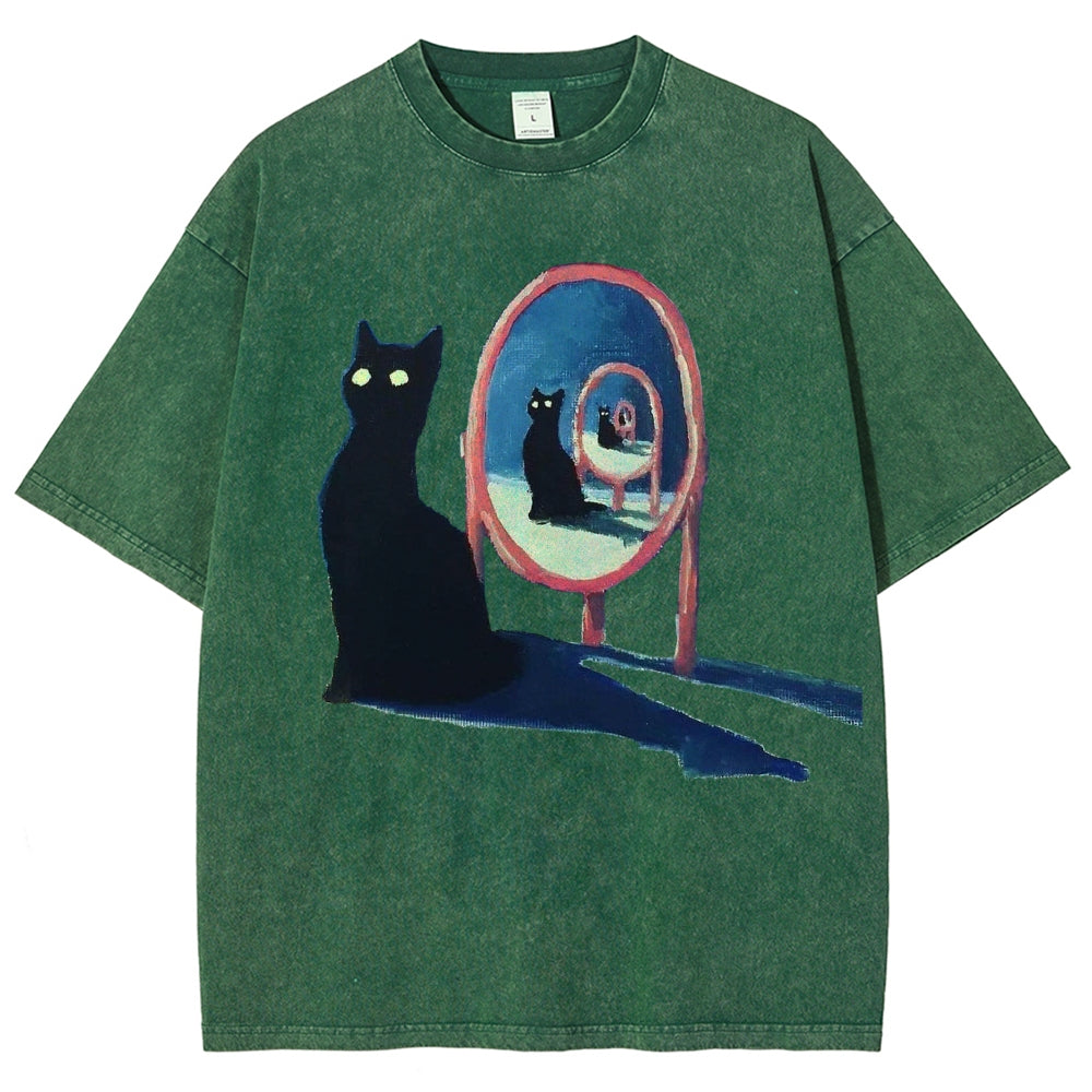 Unisex Mirror Black Cat Printed Washed Tee