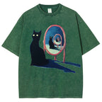 Unisex Mirror Black Cat Printed Washed Tee