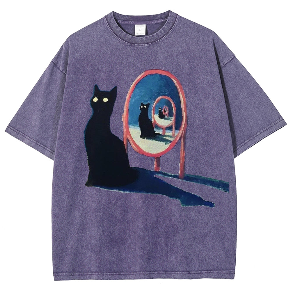 Unisex Mirror Black Cat Printed Washed Tee