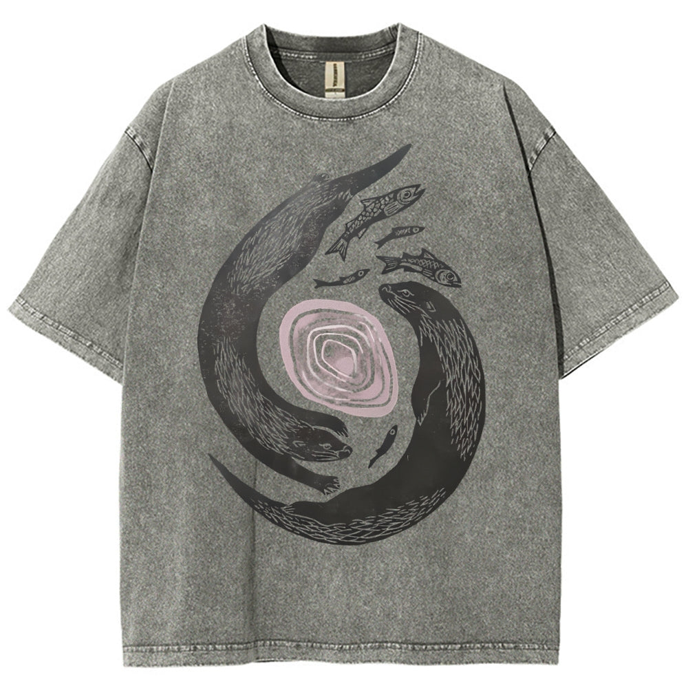 Unisex Vintage Fish Printed Washed Tee