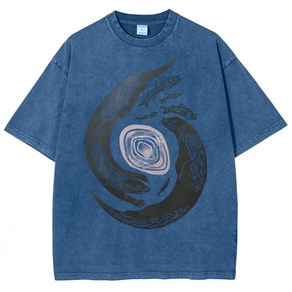 Unisex Vintage Fish Printed Washed Tee