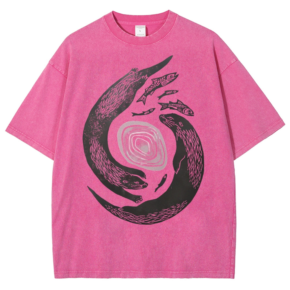 Unisex Vintage Fish Printed Washed Tee