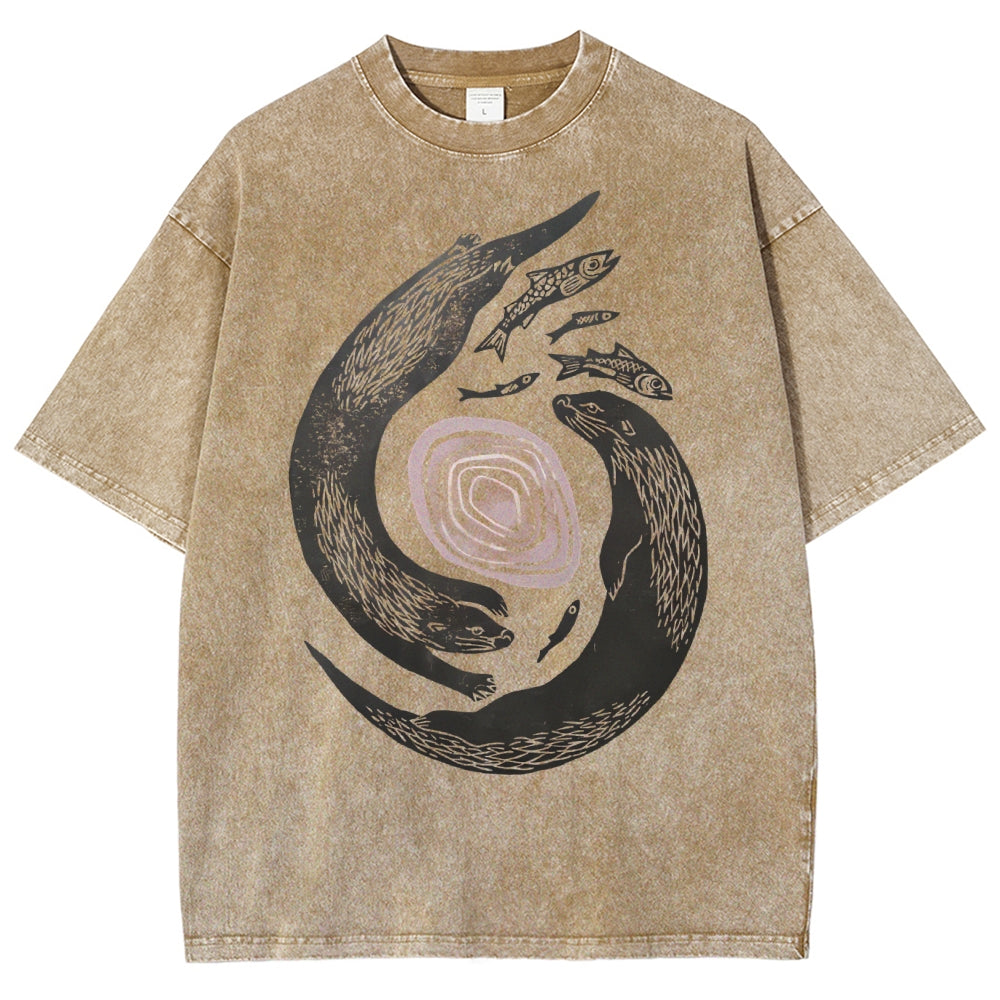 Unisex Vintage Fish Printed Washed Tee