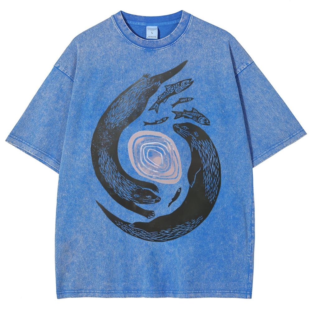 Unisex Vintage Fish Printed Washed Tee
