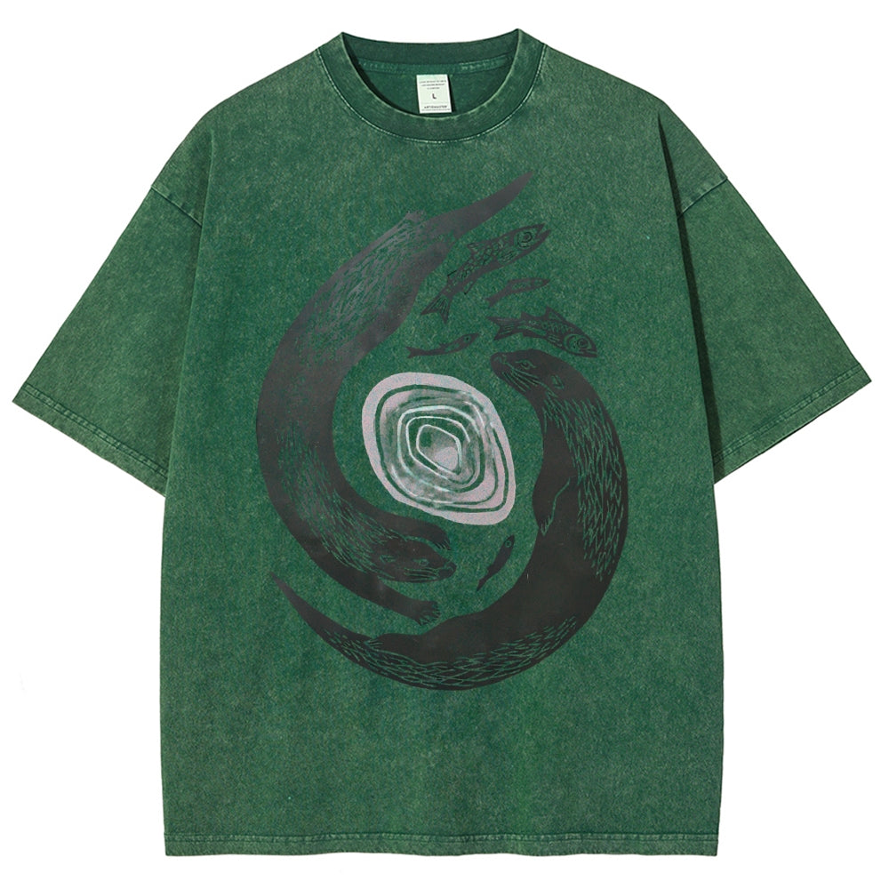 Unisex Vintage Fish Printed Washed Tee
