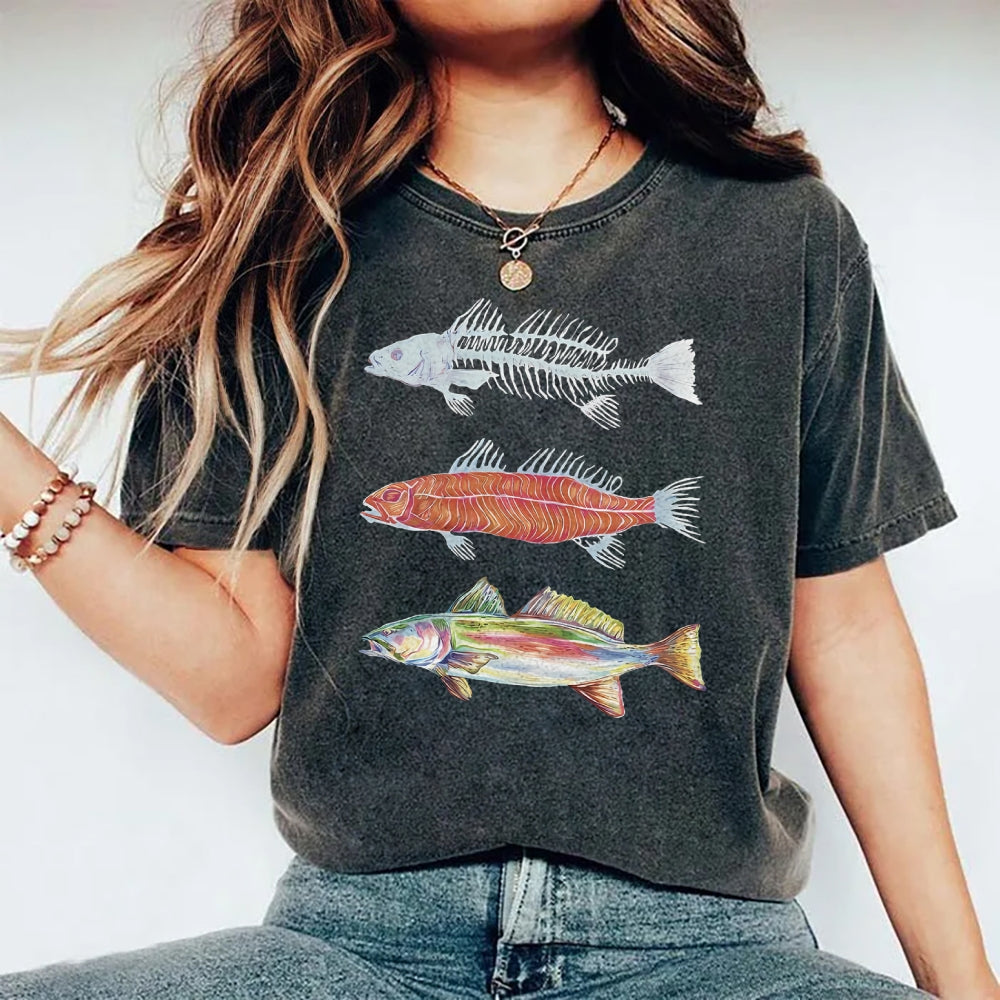 Unisex Fish Printed Washed Tee
