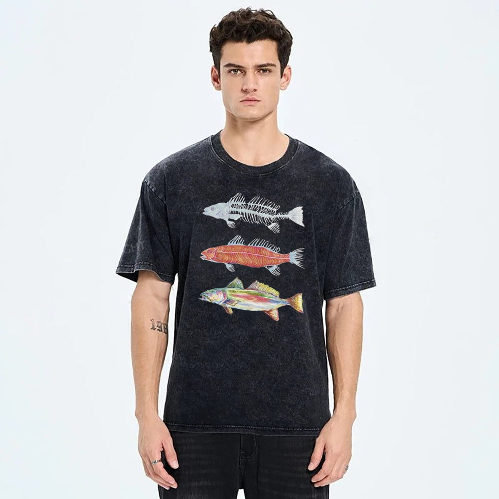 Unisex Fish Printed Washed Tee