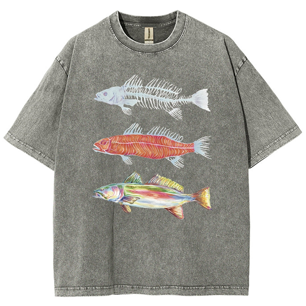 Unisex Fish Printed Washed Tee