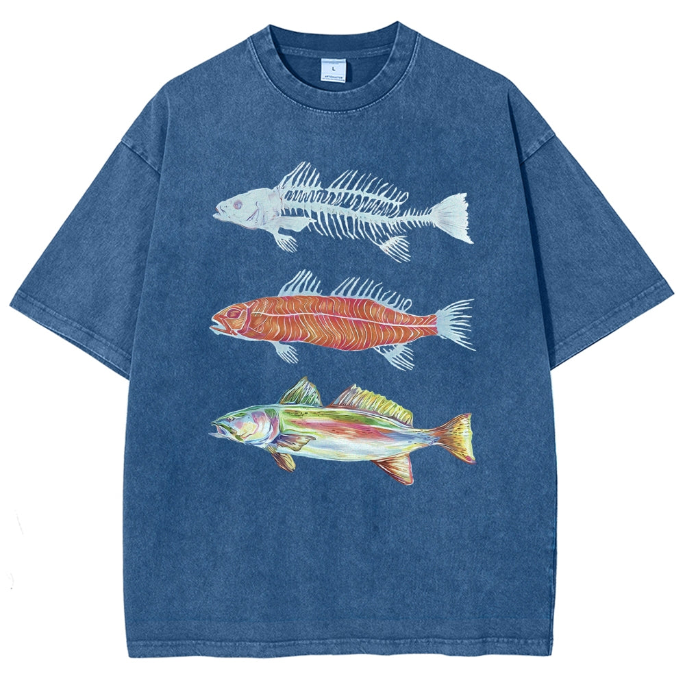 Unisex Fish Printed Washed Tee