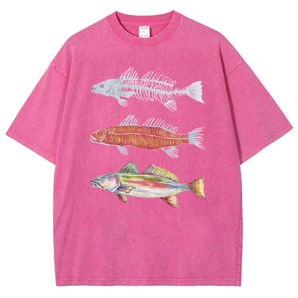 Unisex Fish Printed Washed Tee