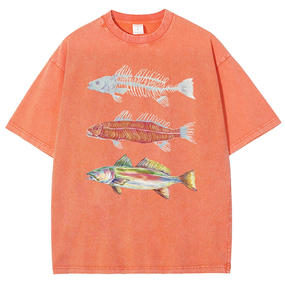 Unisex Fish Printed Washed Tee