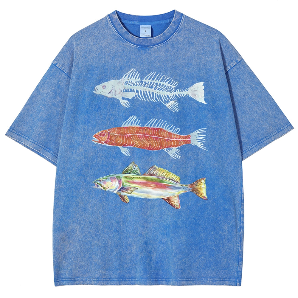 Unisex Fish Printed Washed Tee