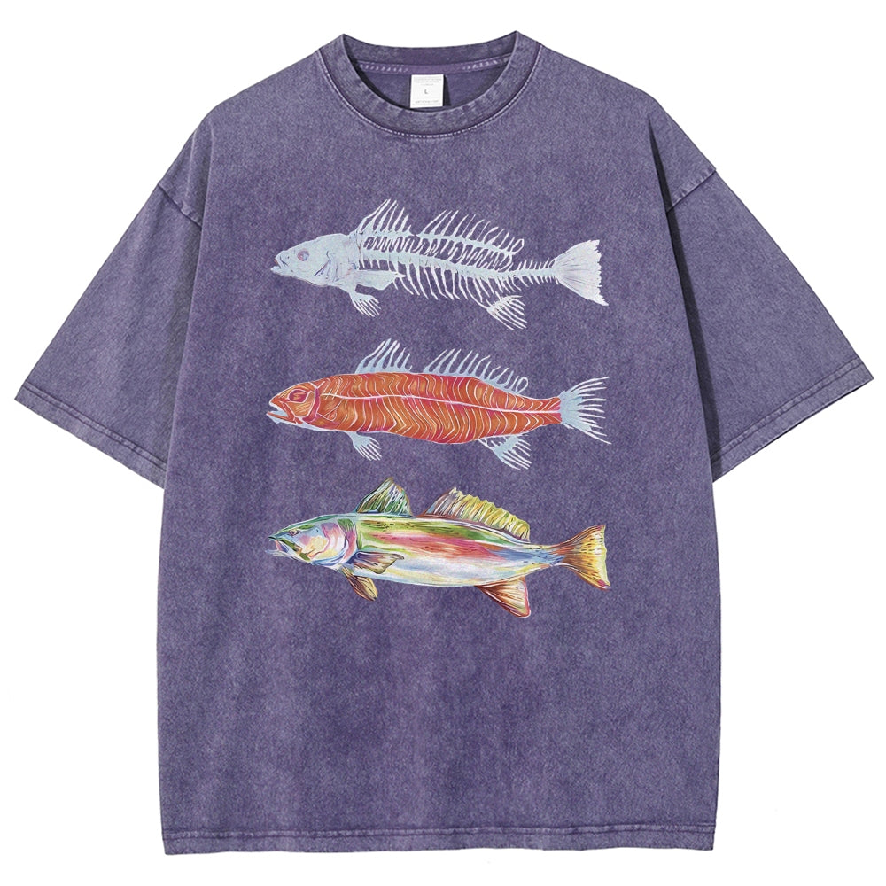 Unisex Fish Printed Washed Tee
