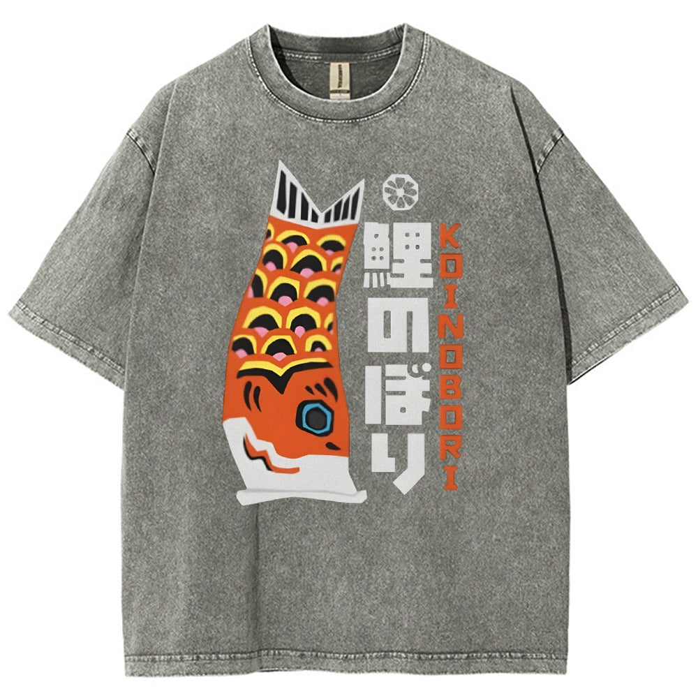 Unisex Japanese Koi Printed Washed Tee