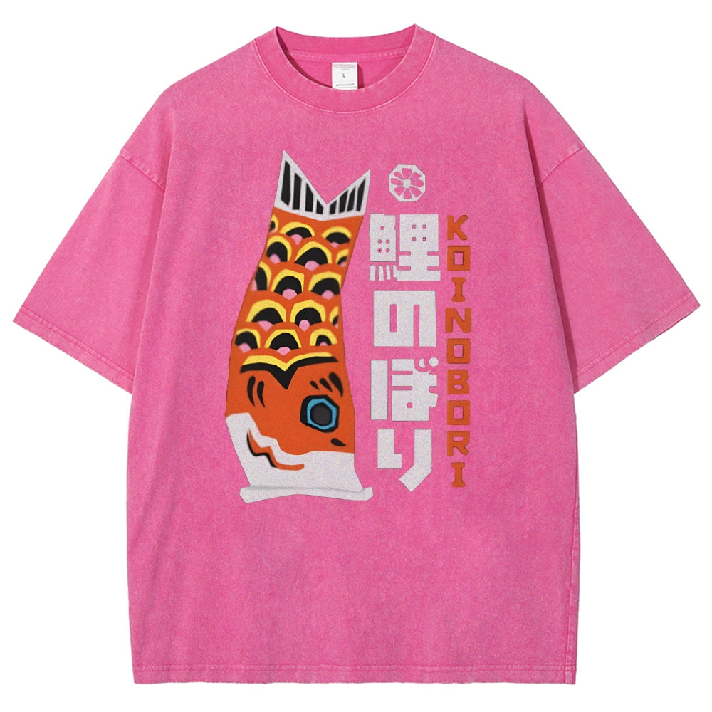Unisex Japanese Koi Printed Washed Tee