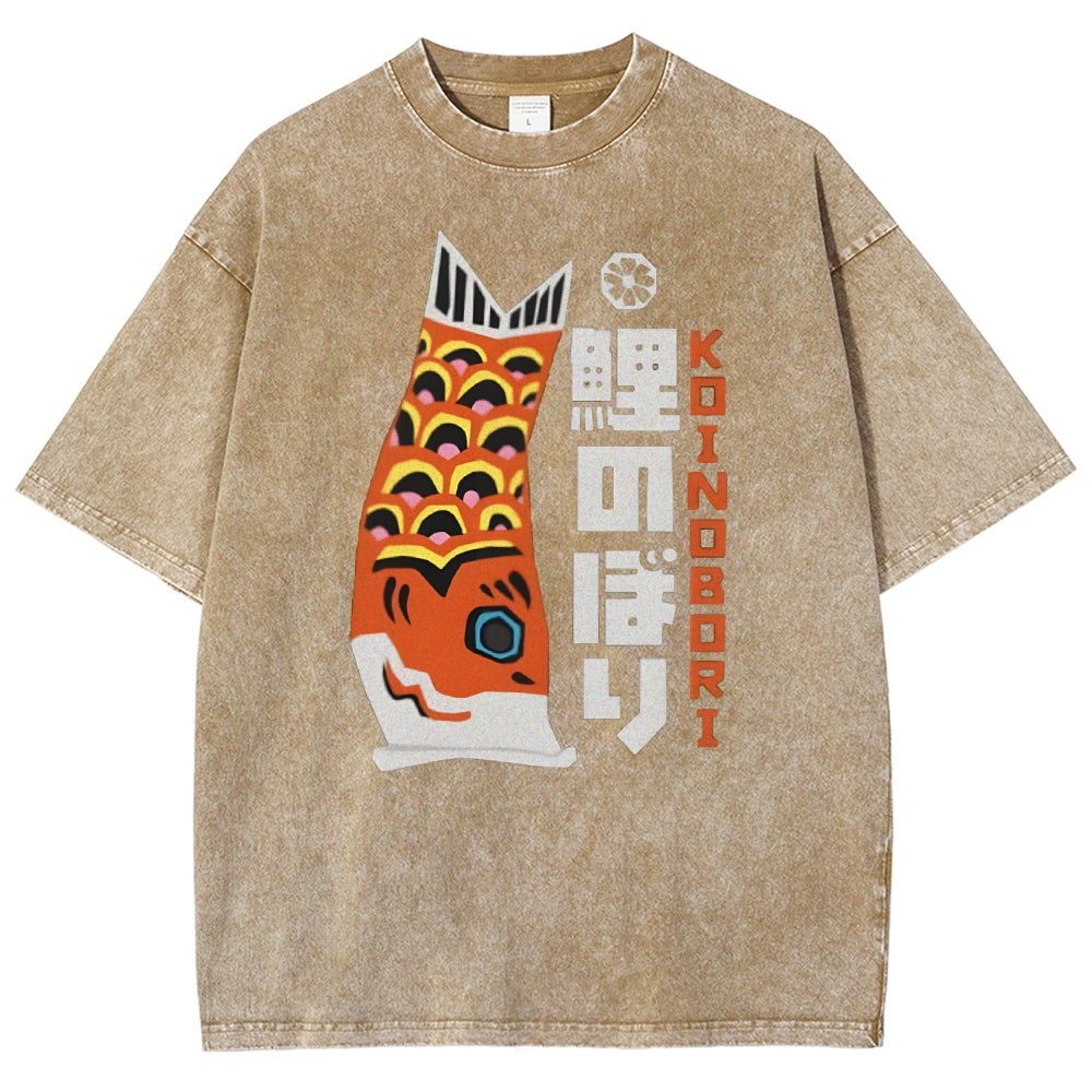 Unisex Japanese Koi Printed Washed Tee